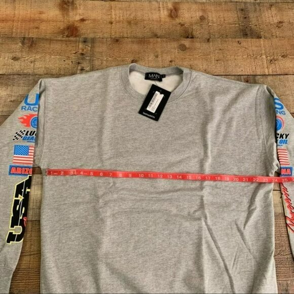 Boohoo man oversized racing graphic sweatshirt gray marl - S - Picture 2 of 10